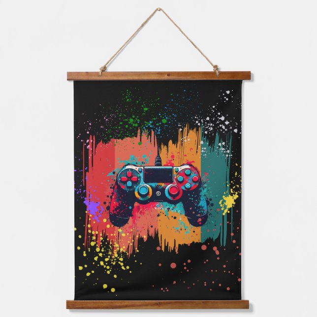 Paint Splatter Video Game Controller Art, Gamer Hanging Tapestry (Front)