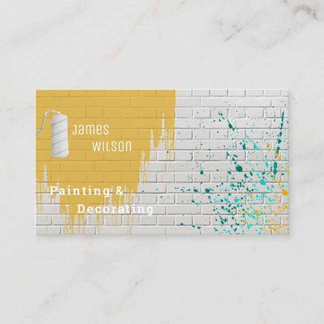 Paint splatter wall blue yellow painter decorator  business card (Front)