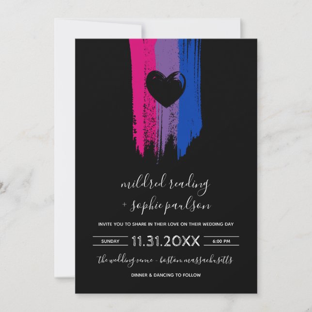 Paint Strokes Bisexual Flag & Black Heart Wedding Invitation (Front)