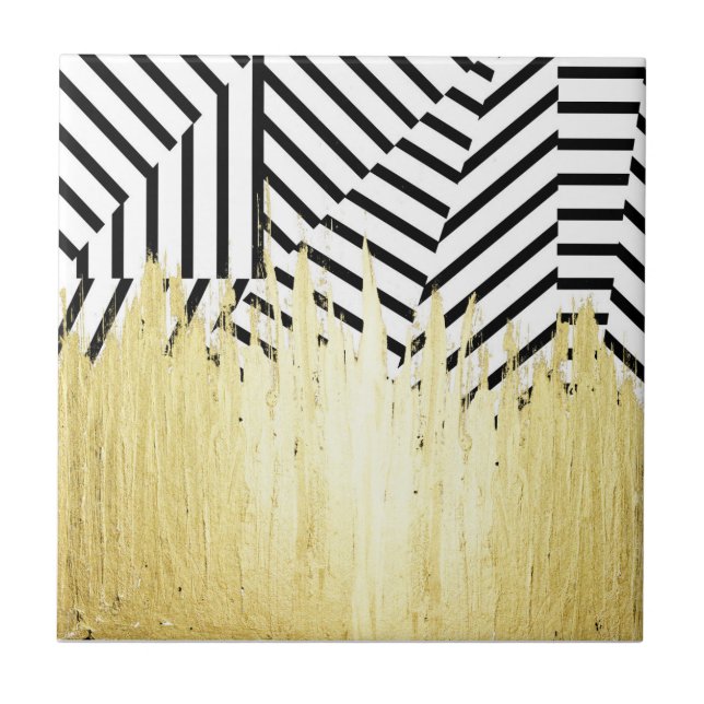 Paint Strokes in Faux Gold on Black & White Stripe Tile (Front)