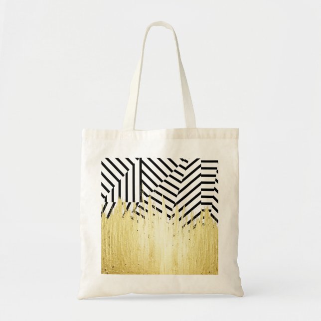 Paint Strokes in Faux Gold on Black & White Stripe Tote Bag (Front)