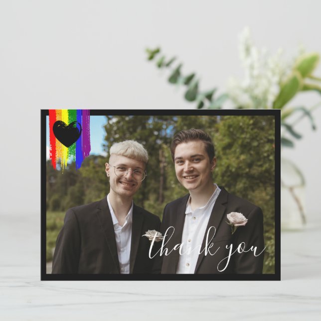Paint Strokes Pride Flag Black Heart Photo Wedding Thank You Card (Standing Front)