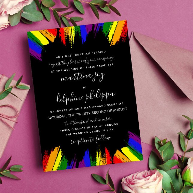 Paint Strokes Pride Flag Black LGBT Formal Wedding Invitation (Creator Uploaded)
