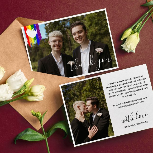 Paint Strokes Pride Flag White Heart Photo Wedding Thank You Card (Creator Uploaded)