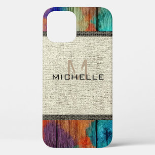 Paint Wood Look Burlap Rustic Monogram #2 iPhone 12 Pro Case
