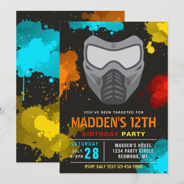 Paintball Birthday Invitation | Paintball Party (Front/Back)