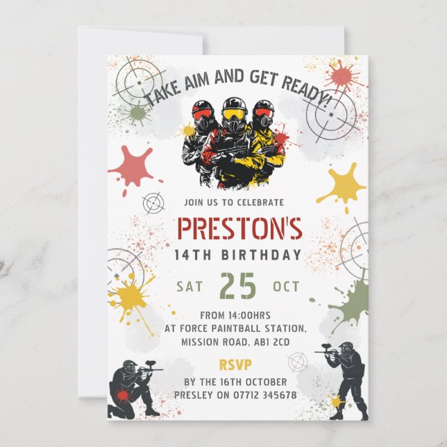 Paintball Birthday Invitation Take Aim & Get Ready (Front)