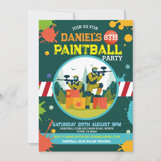 Paintball Birthday Invite Boys Paint Any Age Party (Front)