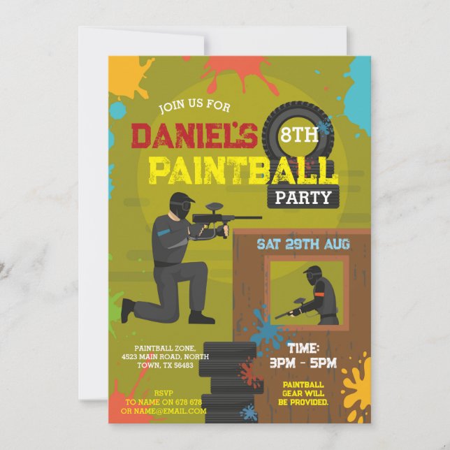 Paintball Birthday Invite Boys Paint Any Age Party (Front)