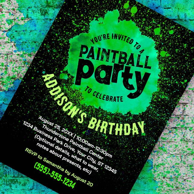 Paintball Birthday Party Custom Invite - Green (green paint splatter customizable birthday invite against a paint splattered brick background)