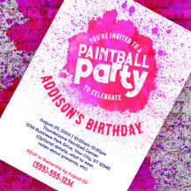 Paintball Birthday Party Custom Invite - Hot Pink