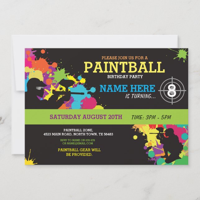 Paintball Birthday Party Invitation Fun Paint Ball (Front)
