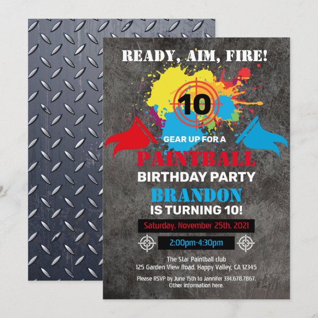 Paintball Birthday Party Invitation Kid Teen Adult (Front/Back)