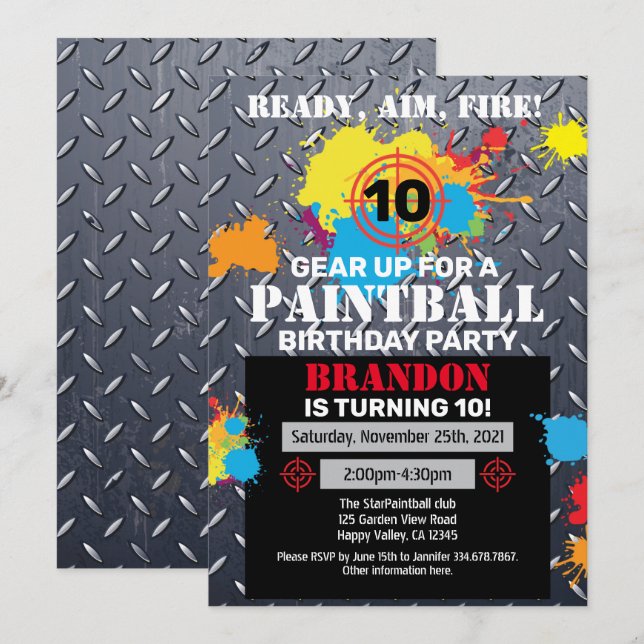 Paintball Birthday Party Invitation Kid Teen Adult (Front/Back)