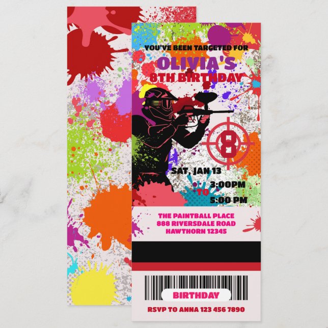 Paintball Birthday Ticket Invitation, Paintball Invitation (Front/Back)