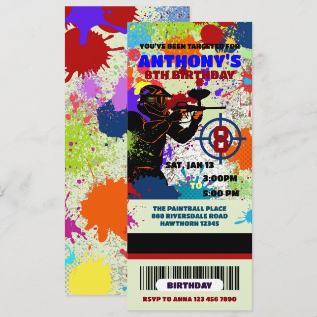 Paintball Birthday Ticket Invitation, Paintball Invitation (Front/Back)