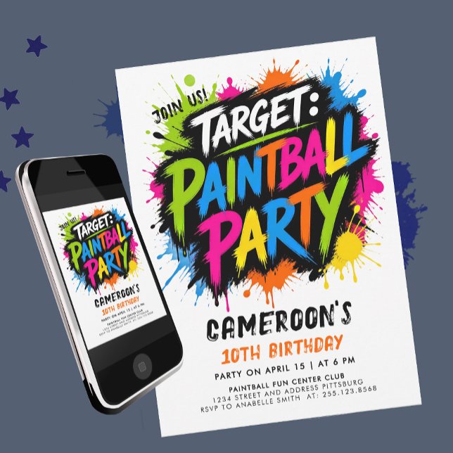 Paintball Fun Colourful Paint Typo Splatter Target Invitation (Creator Uploaded)