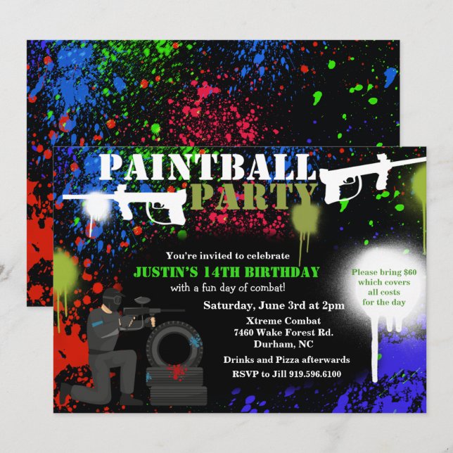 Paintball Party Birthday Invitation (Front/Back)