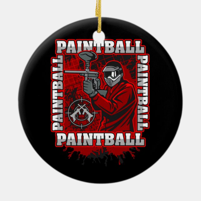 Paintball Player Red Team Colours Ceramic Tree Decoration (Back)