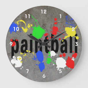 Paintball text on Grey with Splatters Large Clock