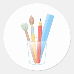 Paintbrush Pencil Ruler Art Craft Supplies Classic Round Sticker