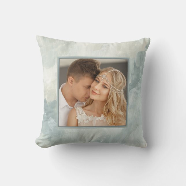 Painted Abstract | Elegant Green with Two Photos Cushion (Front)