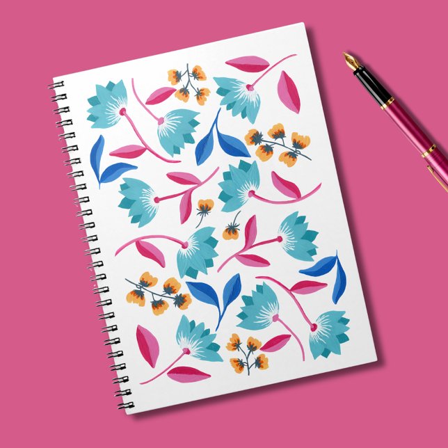 Painted Abstract Floral Spiral Notebook, pink Note Notebook (Abstract floral folk art notebook)