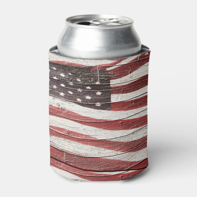 Painted American Flag on Rustic Wood-Look Can Cooler (Can Front)