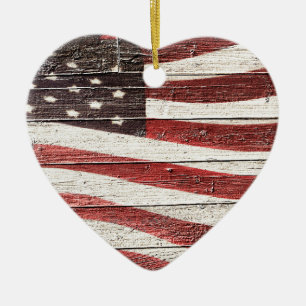 Painted American Flag on Rustic Wood Texture Ceramic Tree Decoration