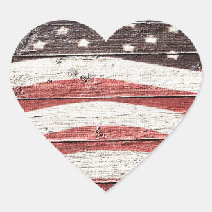 Painted American Flag on Rustic Wood Texture Heart Sticker