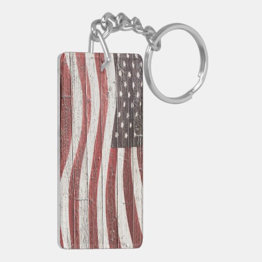 Painted American Flag on Rustic Wood Texture Key Ring