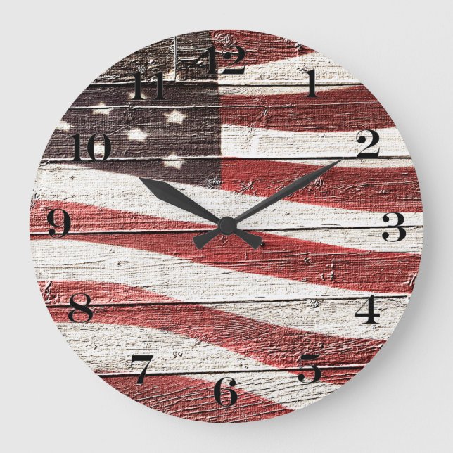 Painted American Flag on Rustic Wood Texture Large Clock (Front)