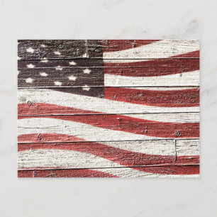 Painted American Flag on Rustic Wood Texture Postcard