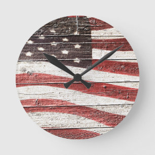 Painted American Flag on Rustic Wood Texture Round Clock