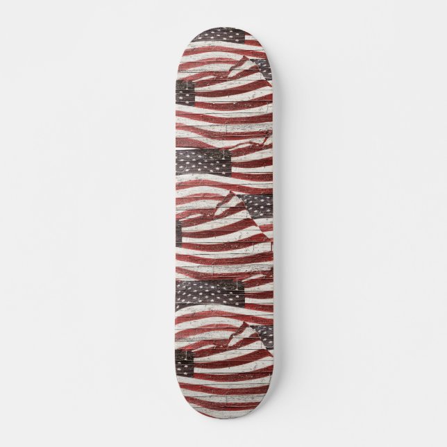 Painted American Flag on Rustic Wood Texture Skateboard (Front)