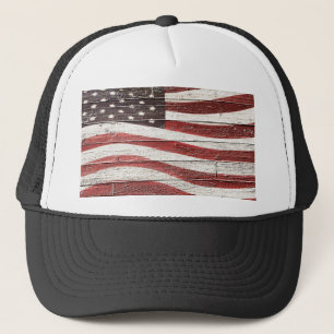 Painted American Flag on Rustic Wood Texture Trucker Hat