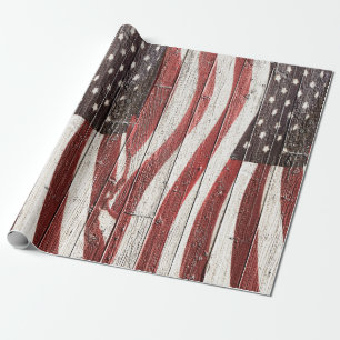 Painted American Flag on Rustic Wood Texture Wrapping Paper