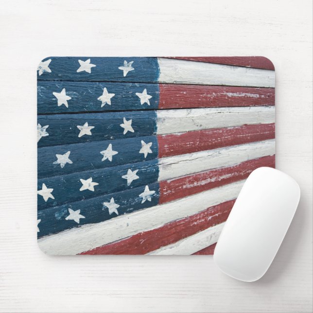 Painted American Flag on Wood Mouse Mat (With Mouse)