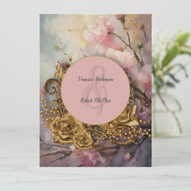 Painted and Gold Floral Wedding Invitation (Standing Front)