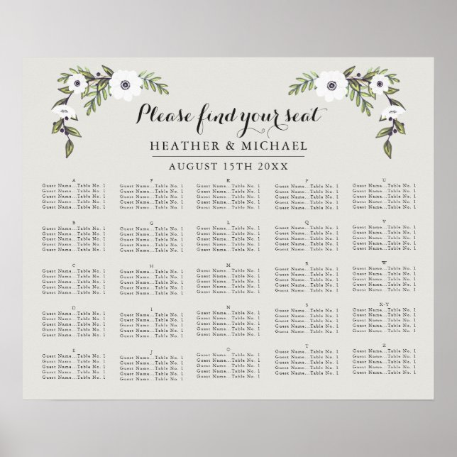 Painted Anemones - Alphabetical Seating Chart (Front)