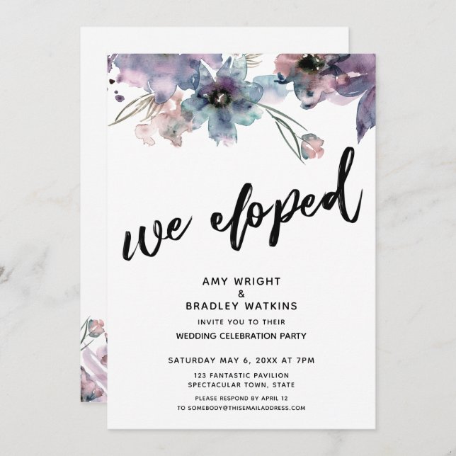 Painted Artsy Flowers We Eloped Reception-Only Invitation (Front/Back)