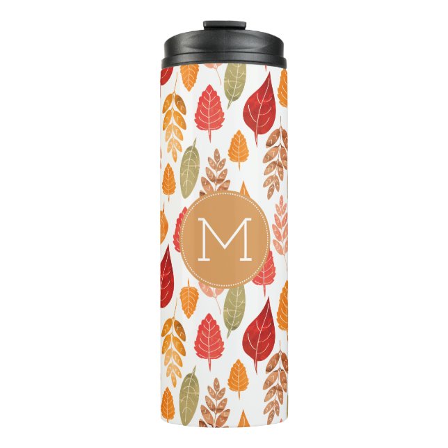 Painted Autumn Leaves Pattern & Monogram Thermal Tumbler (Front)