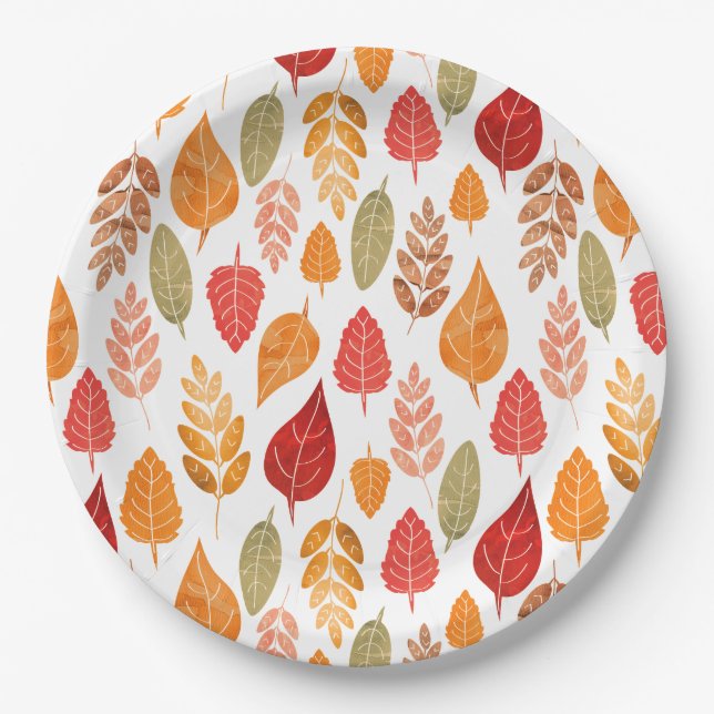 Painted Autumn Leaves Pattern Paper Plate (Front)