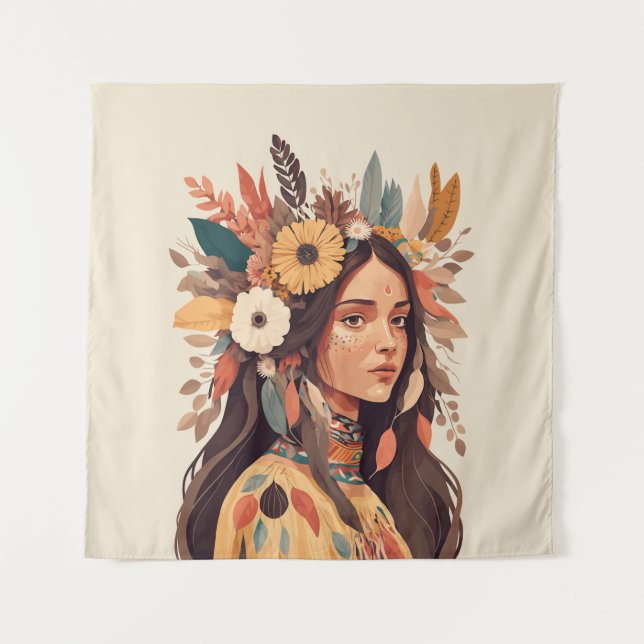 Painted Beautiful Native American Woman Tapestry (Front)