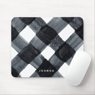 Painted Black and White Buffalo Plaid and Name Mouse Mat