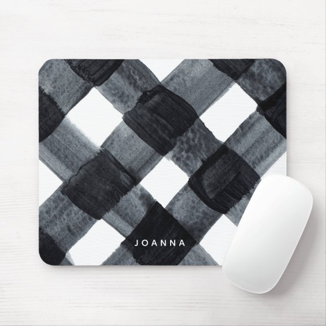 Painted Black and White Buffalo Plaid and Name Mouse Mat (With Mouse)