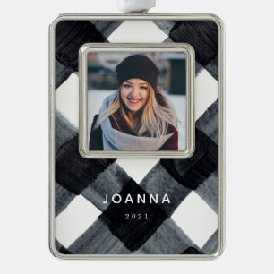 Painted Black and White Buffalo Plaid and Photo Ch Silver Plated Framed Ornament