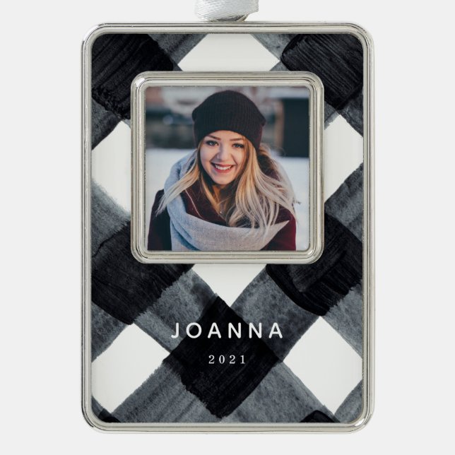 Painted Black and White Buffalo Plaid and Photo Ch Silver Plated Framed Ornament (Front)