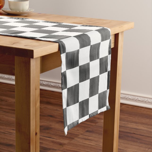 Painted Black and White Check Checkerboard Pattern Medium Table Runner (In Situ)