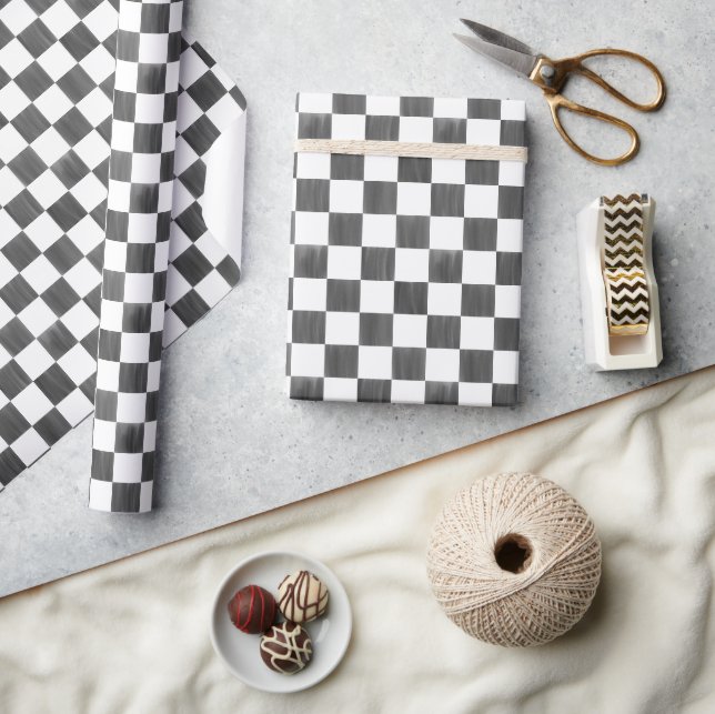 Painted Black and White Check Chequerboard Pattern Wrapping Paper (Crafts)